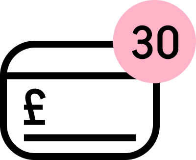 Card icon with pink '30' icon, symbolising pay in 30 days